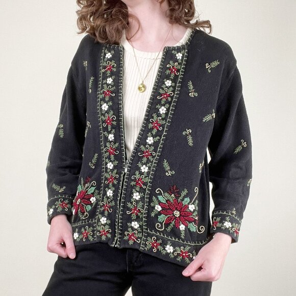 Vintage Festive Holiday Cardigan Beads Embroidered Not So Ugly Christmas Sweater - Picture 1 of 8